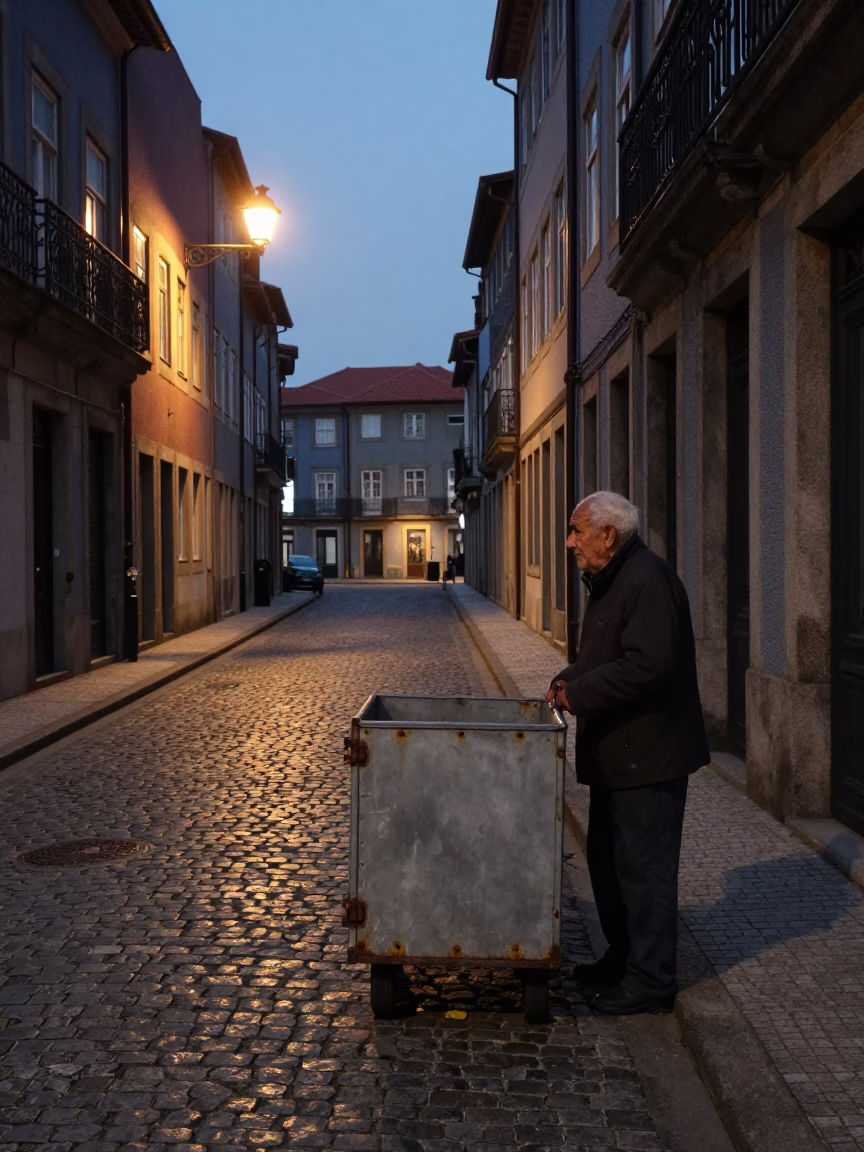 Street Scene in Porto at The Predawn Darkness Light in in Porto, Portugal