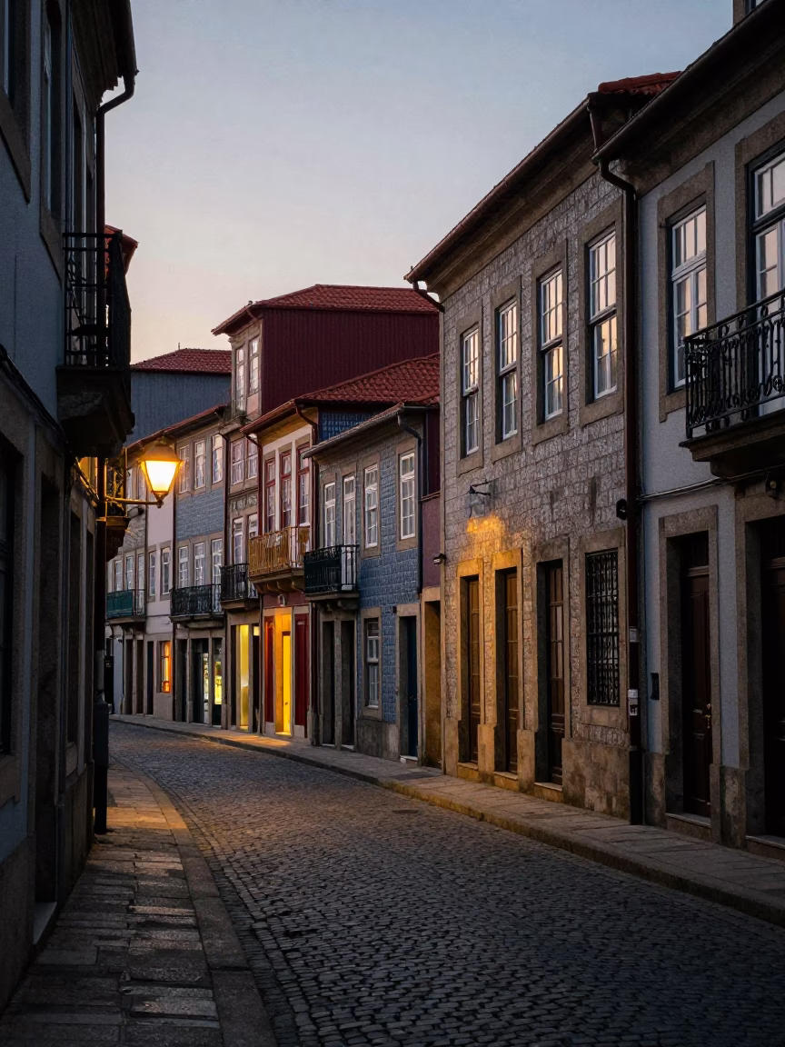 Street Scene in Porto at The Still Hours Before Dawn Light in in Porto, Portugal