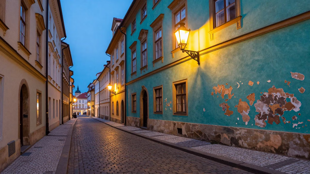 Street Scene in Prague at As City Lights Begin To Glow in in Prague, Czech Republic