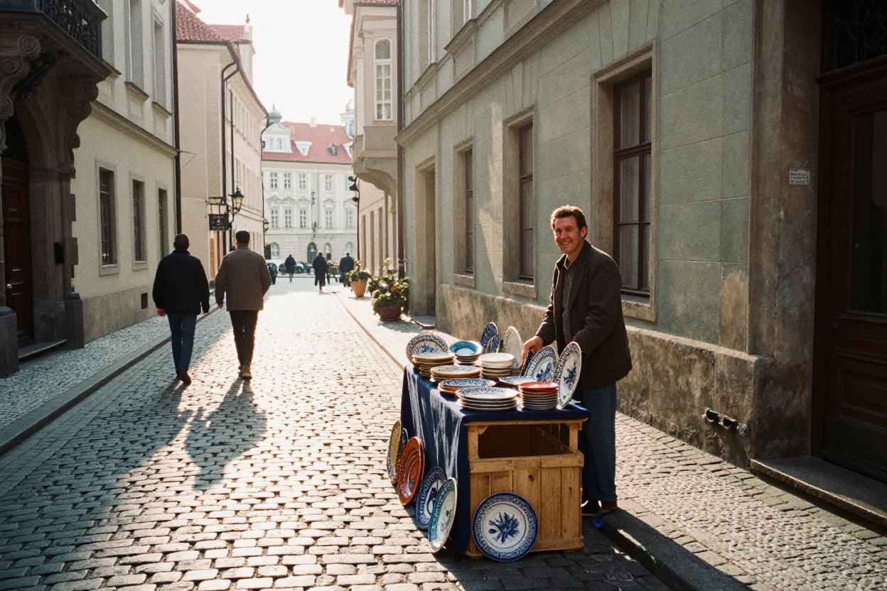Street Scene in Prague at As First Light Reaches The Scene in in Prague, Czech Republic