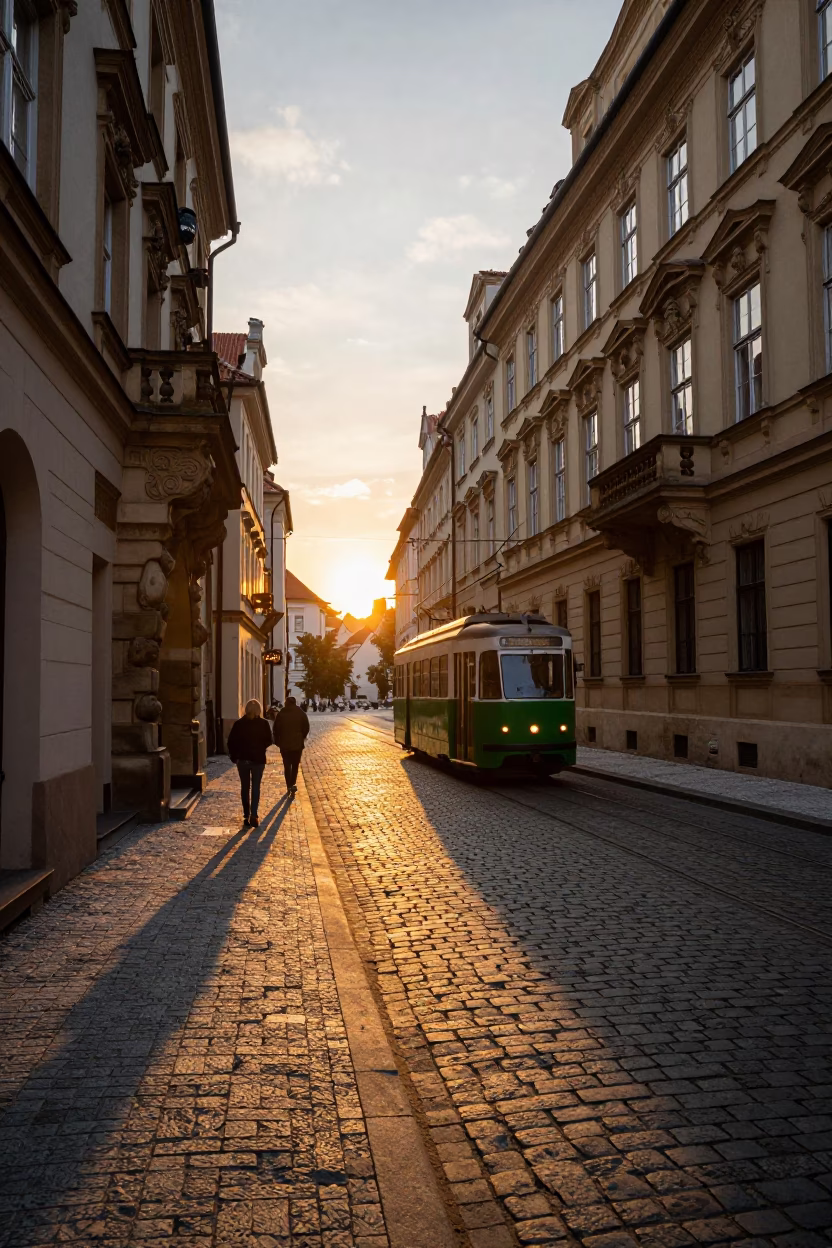 Street Scene in Prague at As The Sun Drops Toward The Horizon in in Prague, Czech Republic