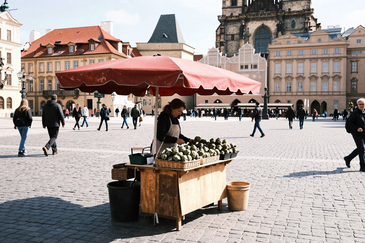 Street Scene in Prague at Bright Midmorning Light in in Prague, Czech Republic