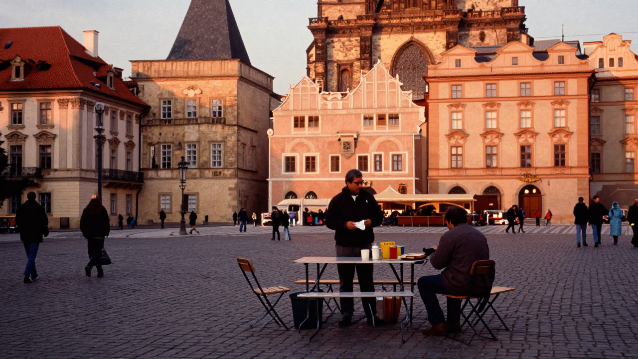 Street Scene in Prague at Copper-toned Light Before Dusk in in Prague, Czech Republic