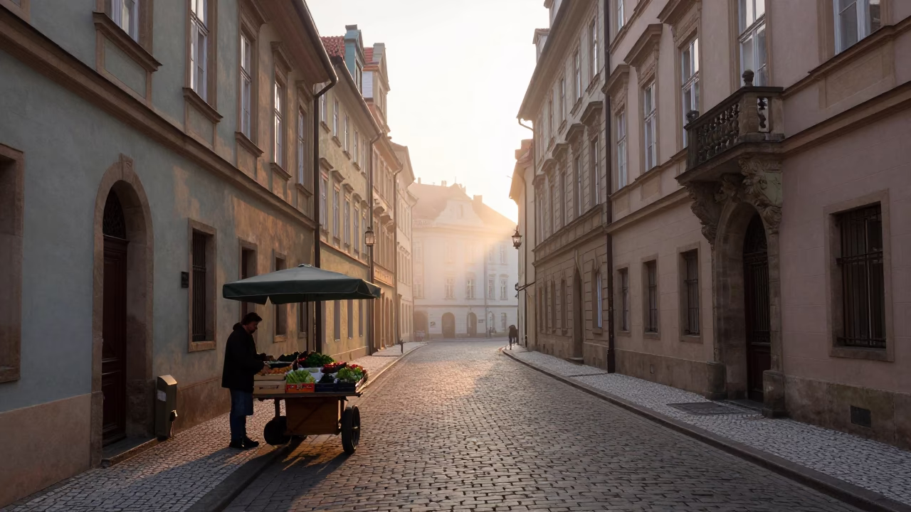 Street Scene in Prague at First Light Of Dawn in in Prague, Czech Republic