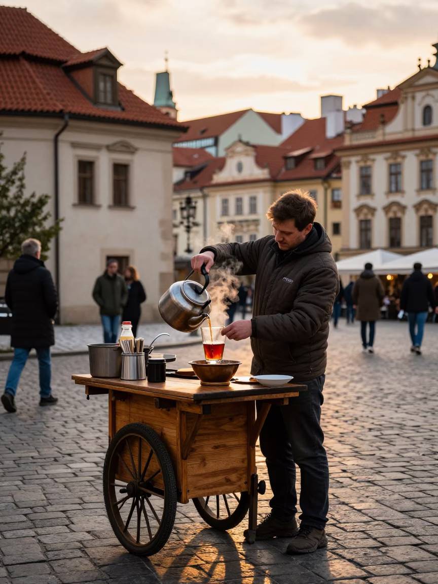 Street Scene in Prague at Golden Hour in in Prague, Czech Republic