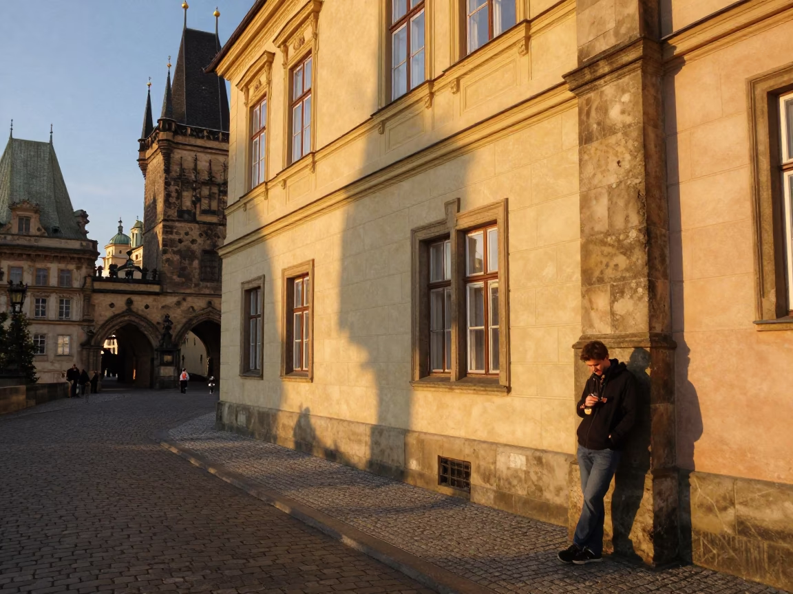 Street Scene in Prague at Honeyed Evening Light in in Prague, Czech Republic