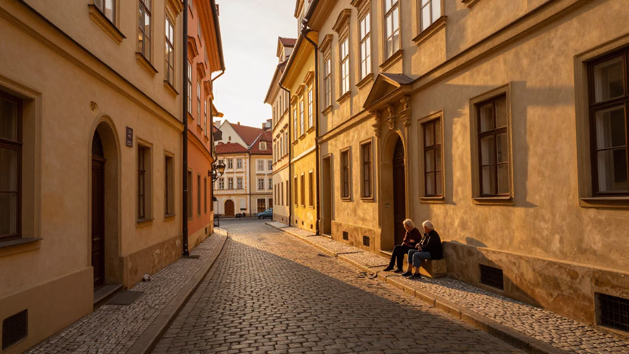Street Scene in Prague at Honeyed Evening Light in in Prague, Czech Republic