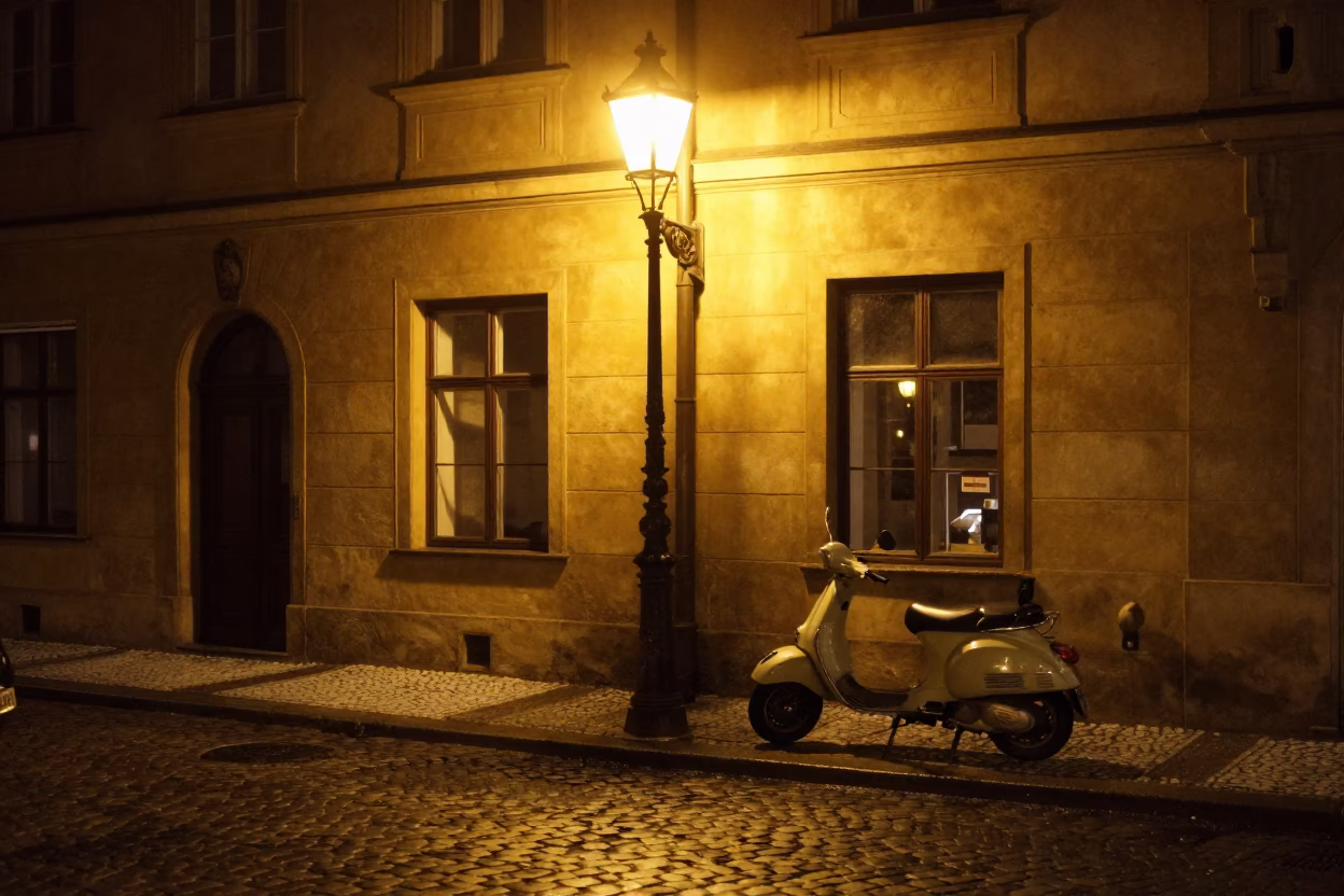 Street Scene in Prague at Late At Night Light in in Prague, Czech Republic