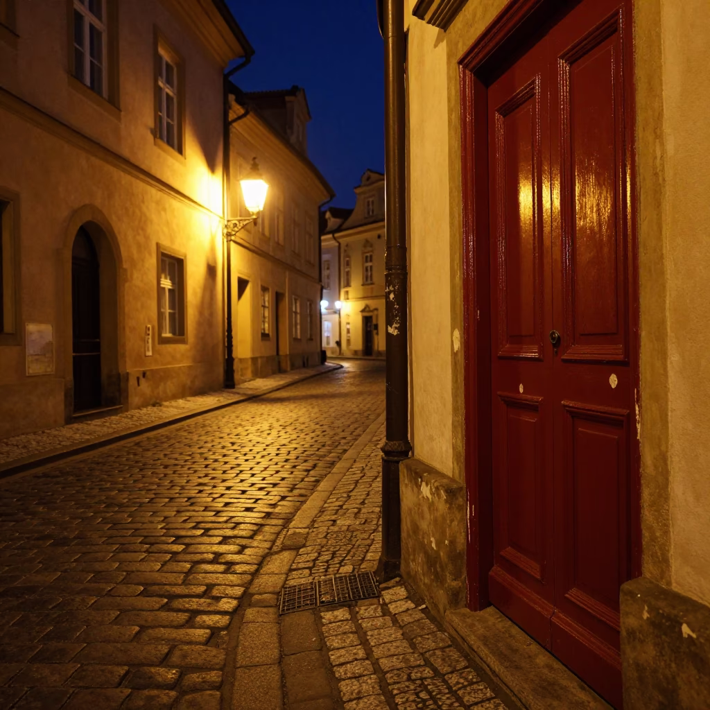 Street Scene in Prague at Midnight Light in in Prague, Czech Republic