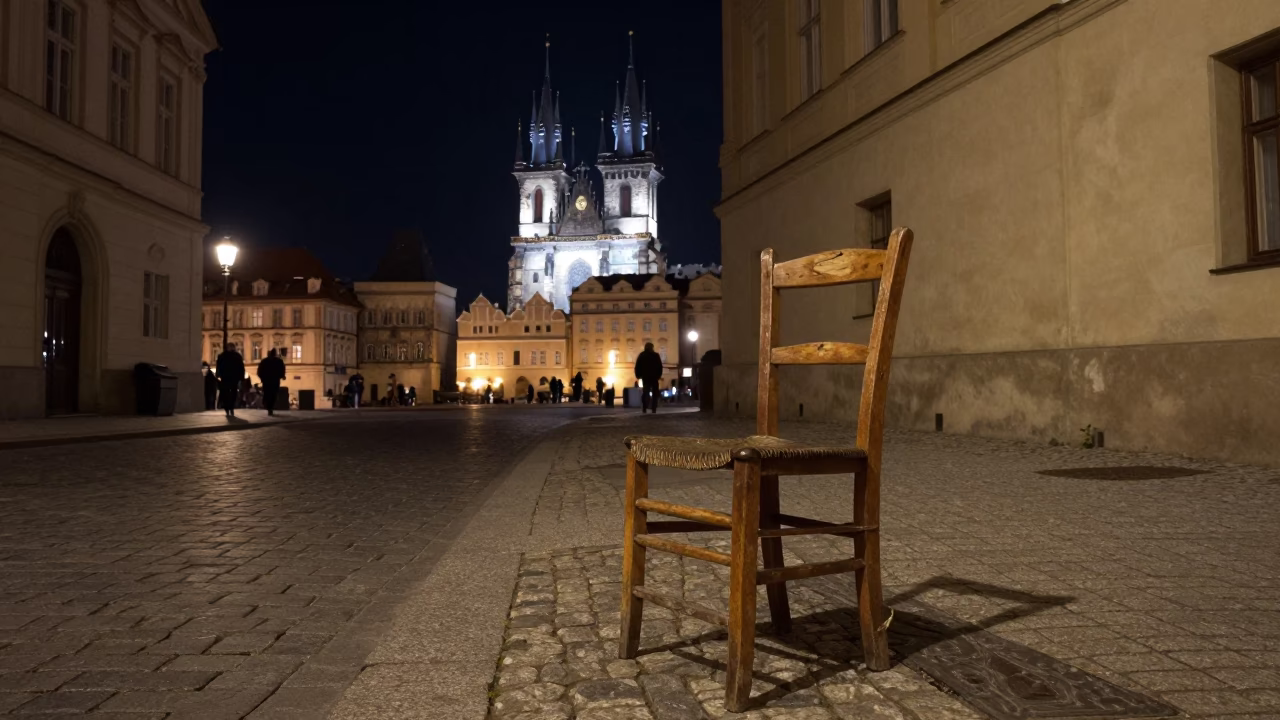 Street Scene in Prague at The Deepest Night Sky Light in in Prague, Czech Republic