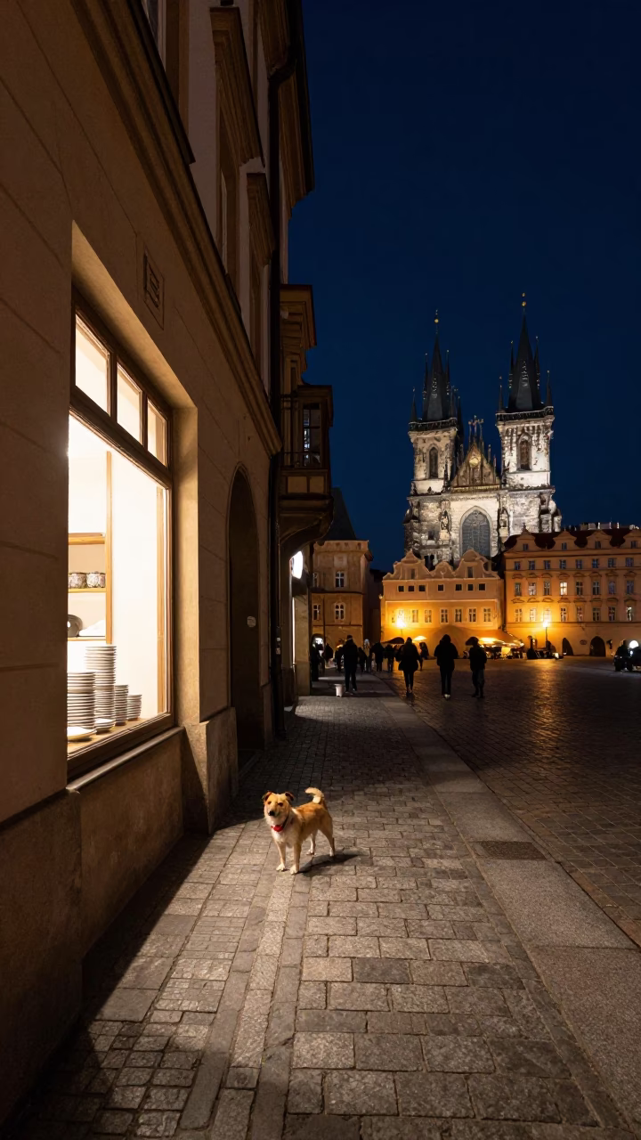 Street Scene in Prague at The Deepest Night Sky Light in in Prague, Czech Republic