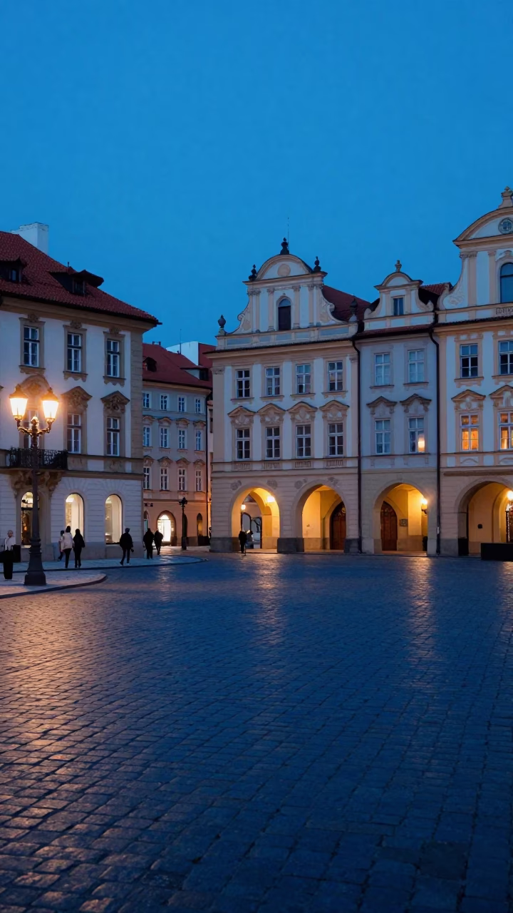 Street Scene in Prague at The Last Blue Light Of Evening in in Prague, Czech Republic