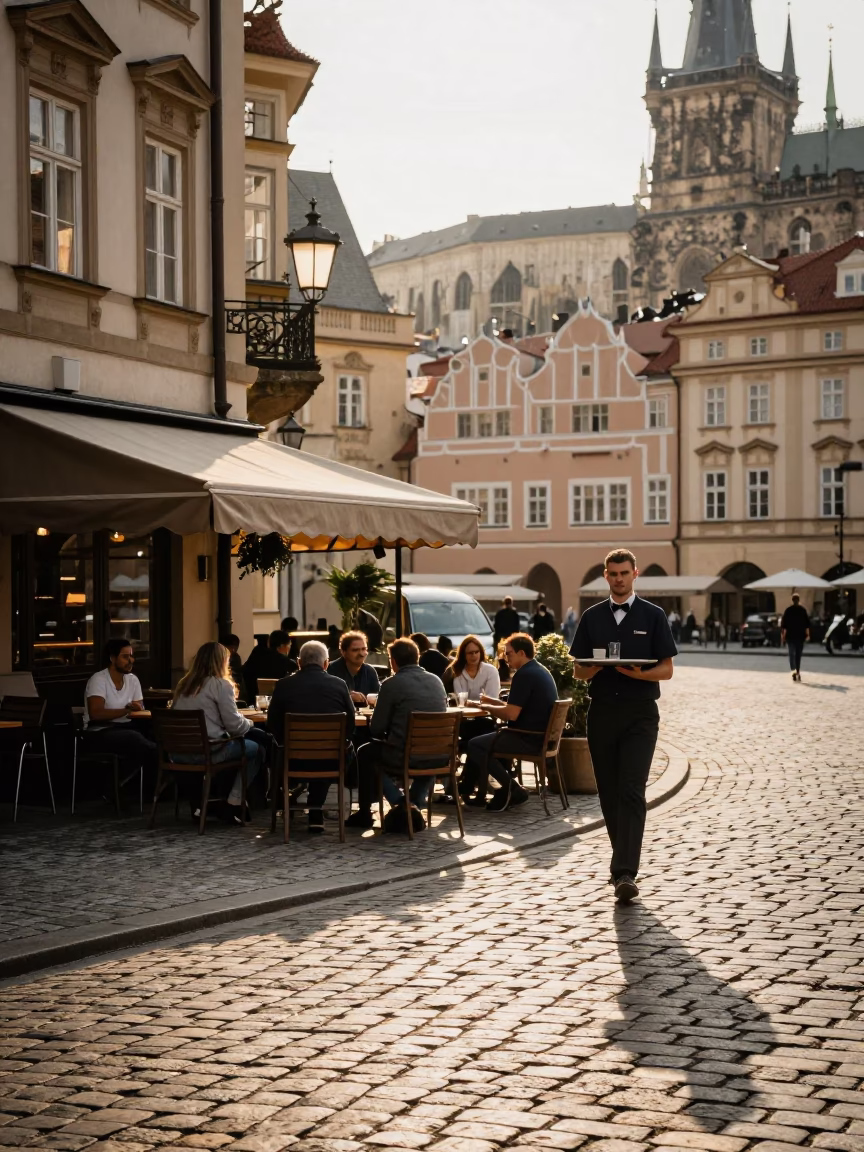 Street Scene in Prague at The Late Afternoon Light in in Prague, Czech Republic