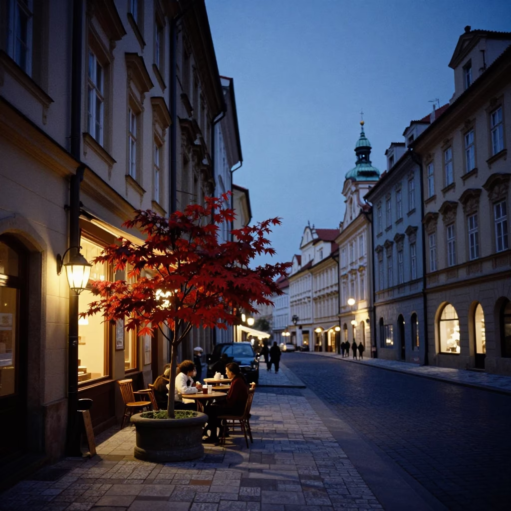 Street Scene in Prague at Twilight in in Prague, Czech Republic