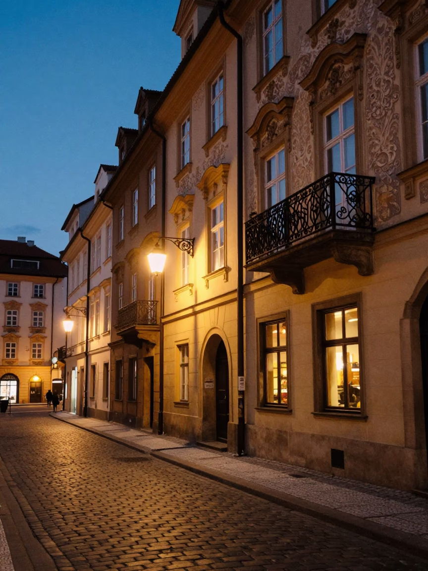 Street Scene in Prague at Twilight in in Prague, Czech Republic