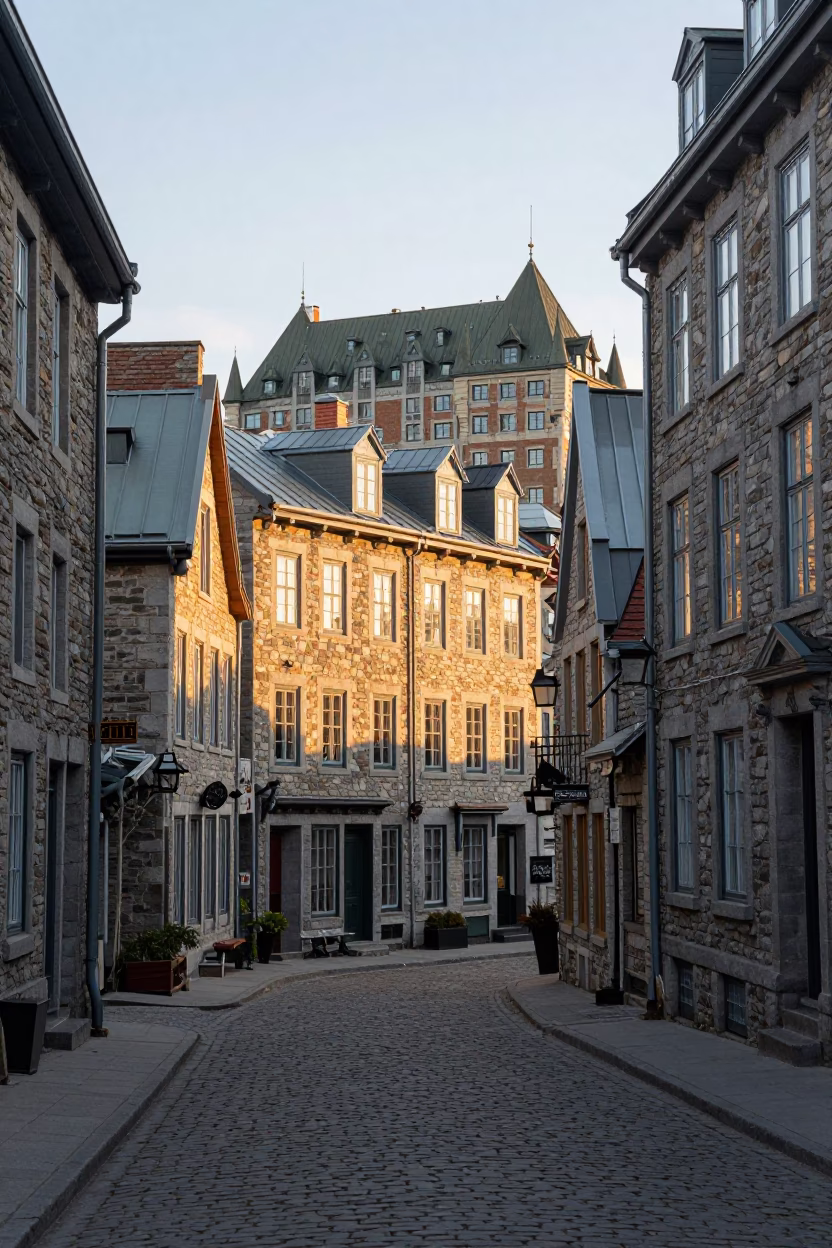 Street Scene in Quebec City at As First Light Reaches The Scene in in Quebec City, Quebec, Canada