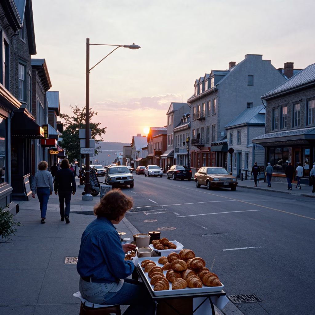 Street Scene in Quebec City at As The Sun Drops Toward The Horizon in in Quebec City, Quebec, Canada