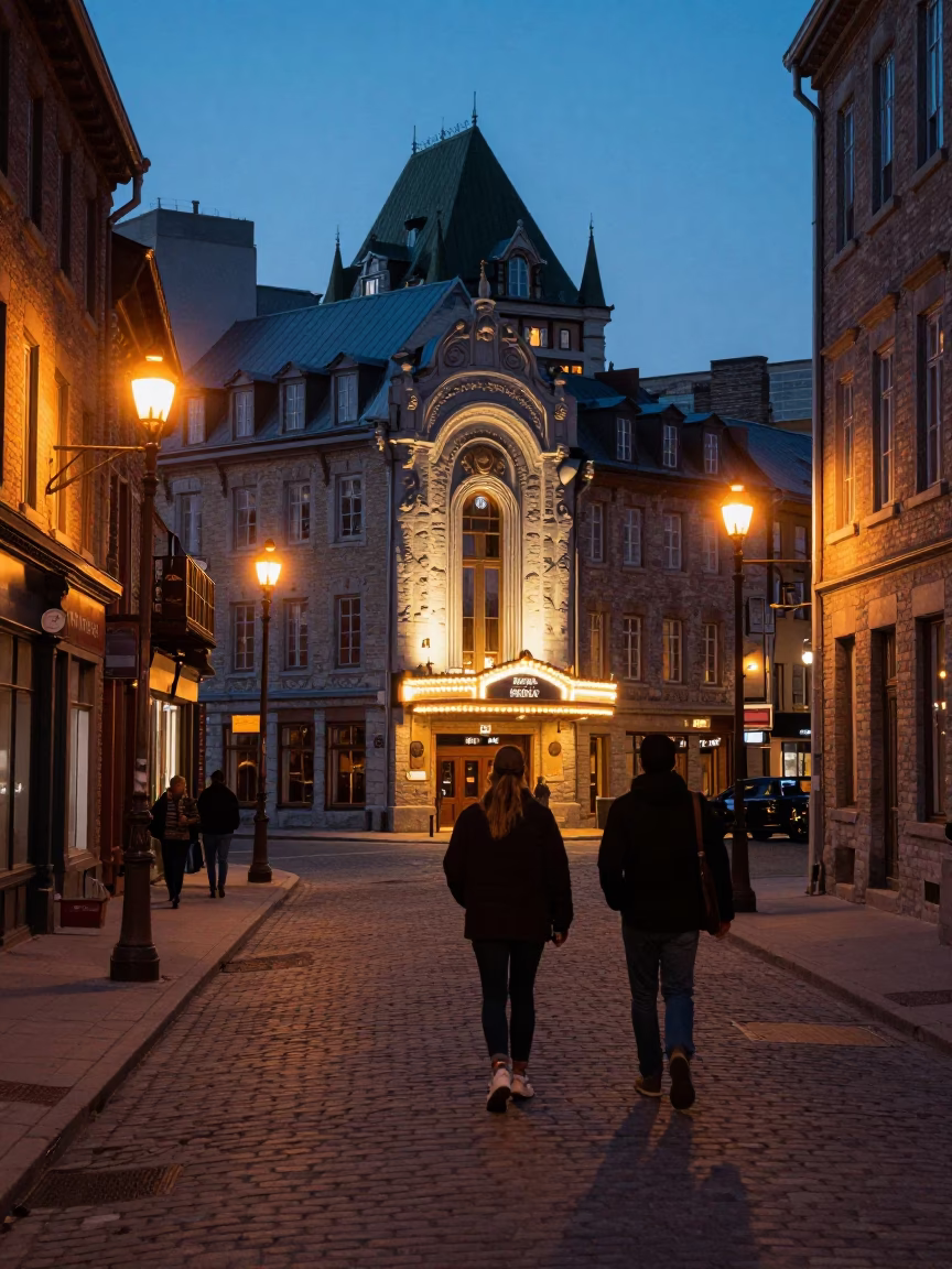 Street Scene in Quebec City at Blue Hour in in Quebec City, Quebec, Canada