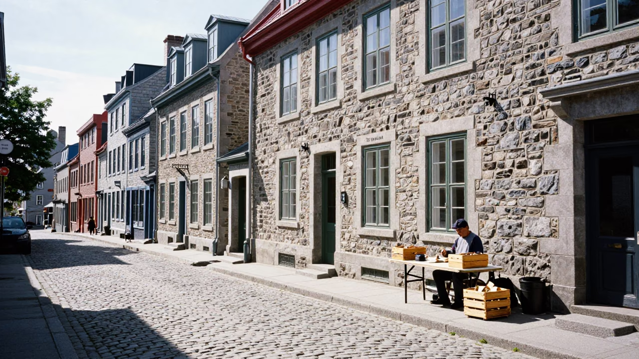 Street Scene in Quebec City at Bright Midmorning Light in in Quebec City, Quebec, Canada