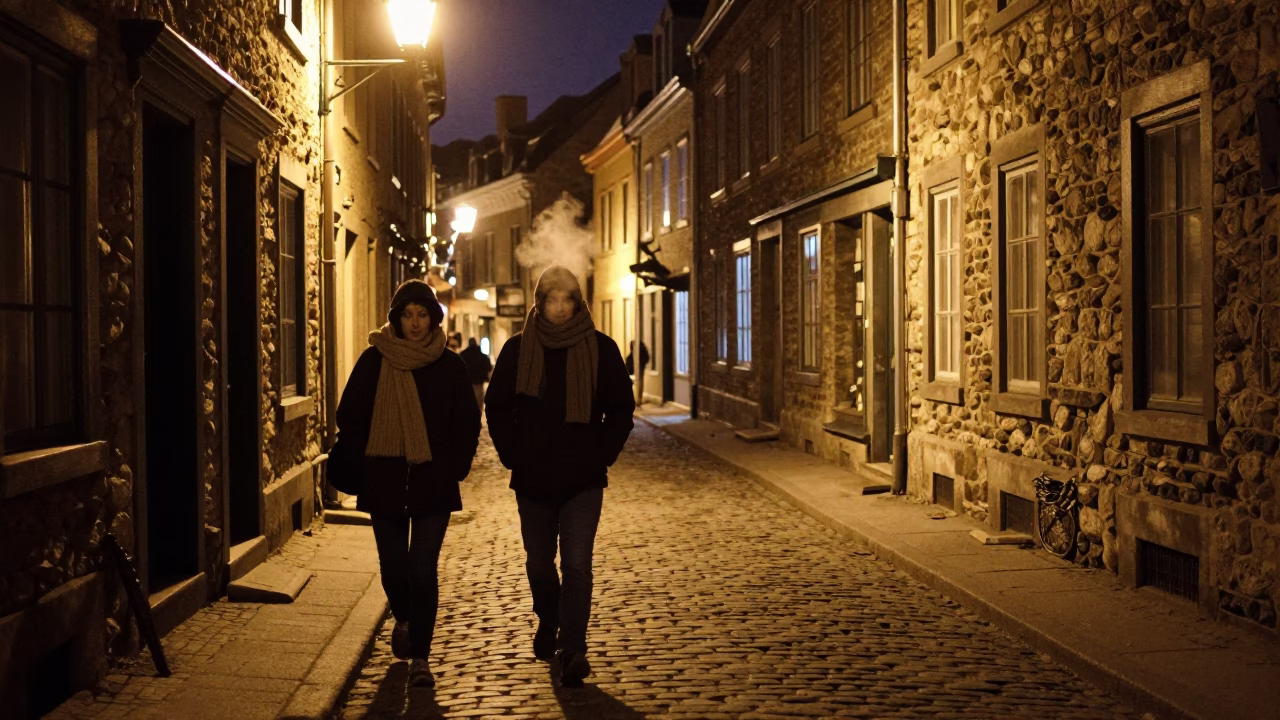 Street Scene in Quebec City at Deep In The Night Light in in Quebec City, Quebec, Canada