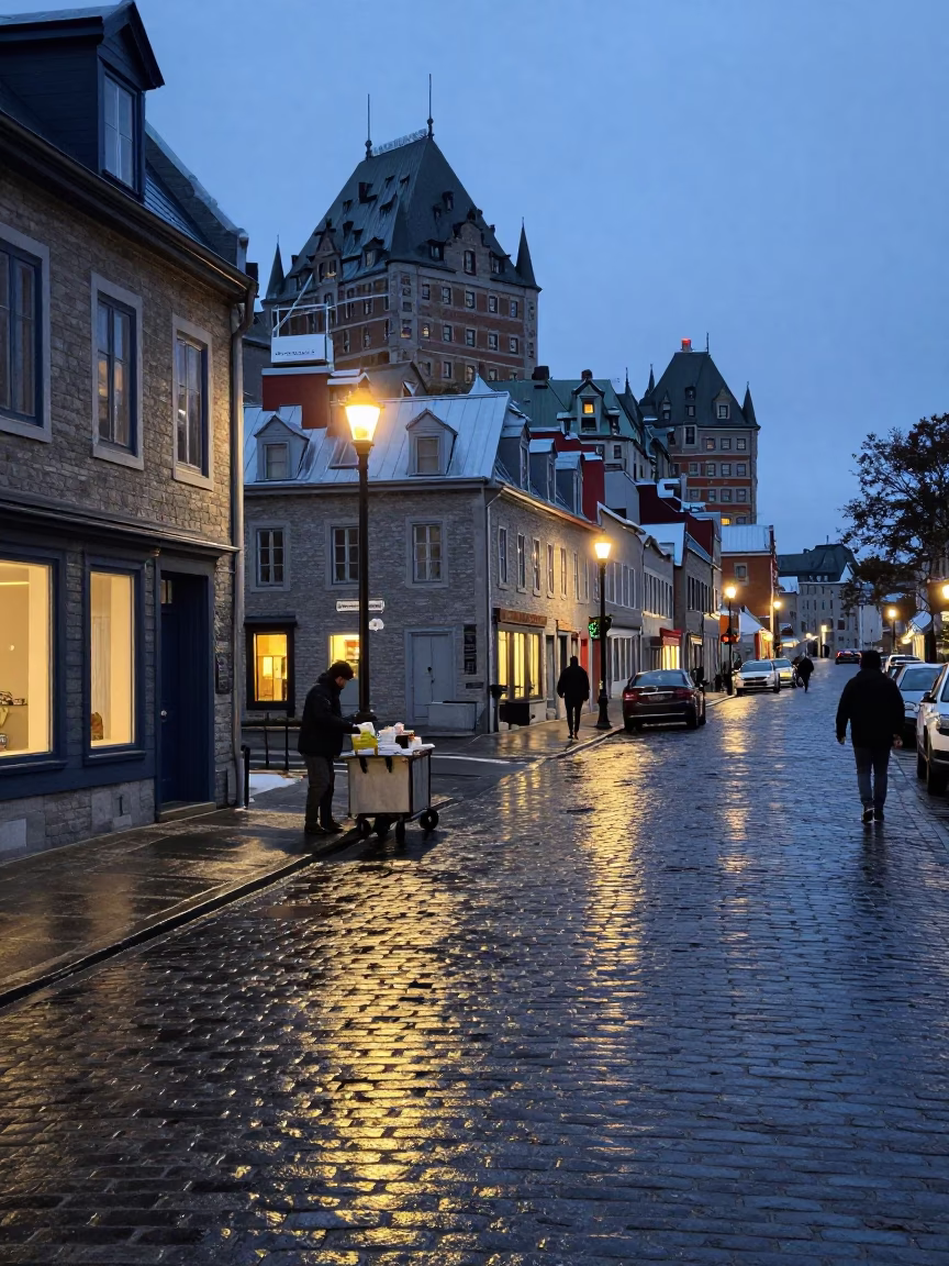 Street Scene in Quebec City at Nautical Dawn Light in in Quebec City, Quebec, Canada