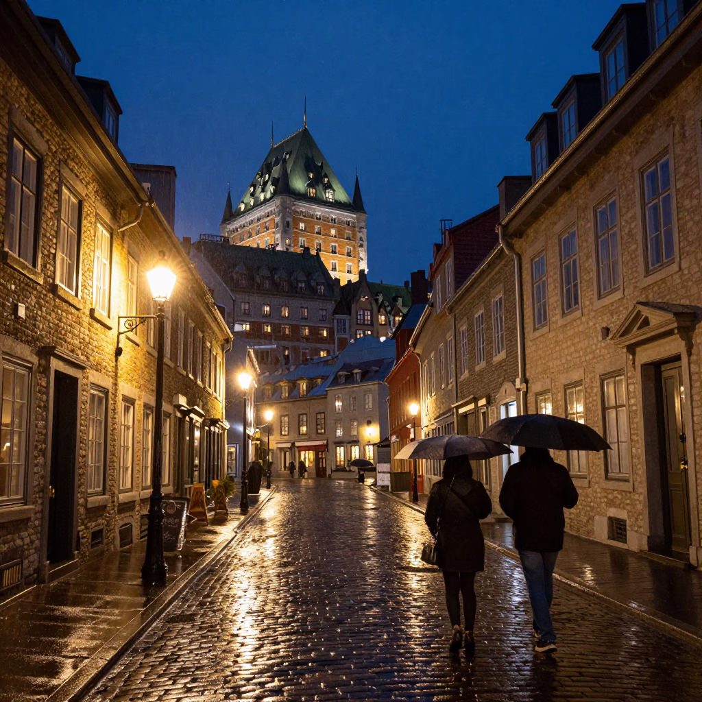 Street Scene in Quebec City at The Deepest Night Sky Light in in Quebec City, Quebec, Canada