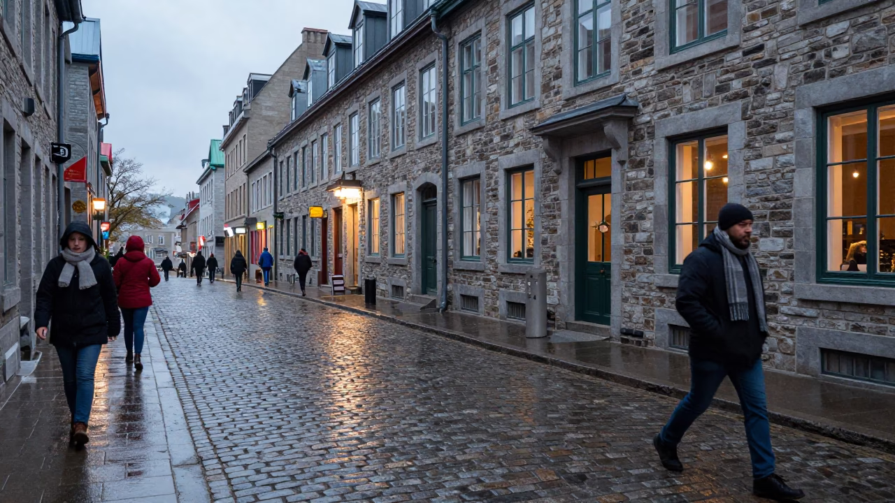 Street Scene in Quebec City at Twilight in in Quebec City, Quebec, Canada