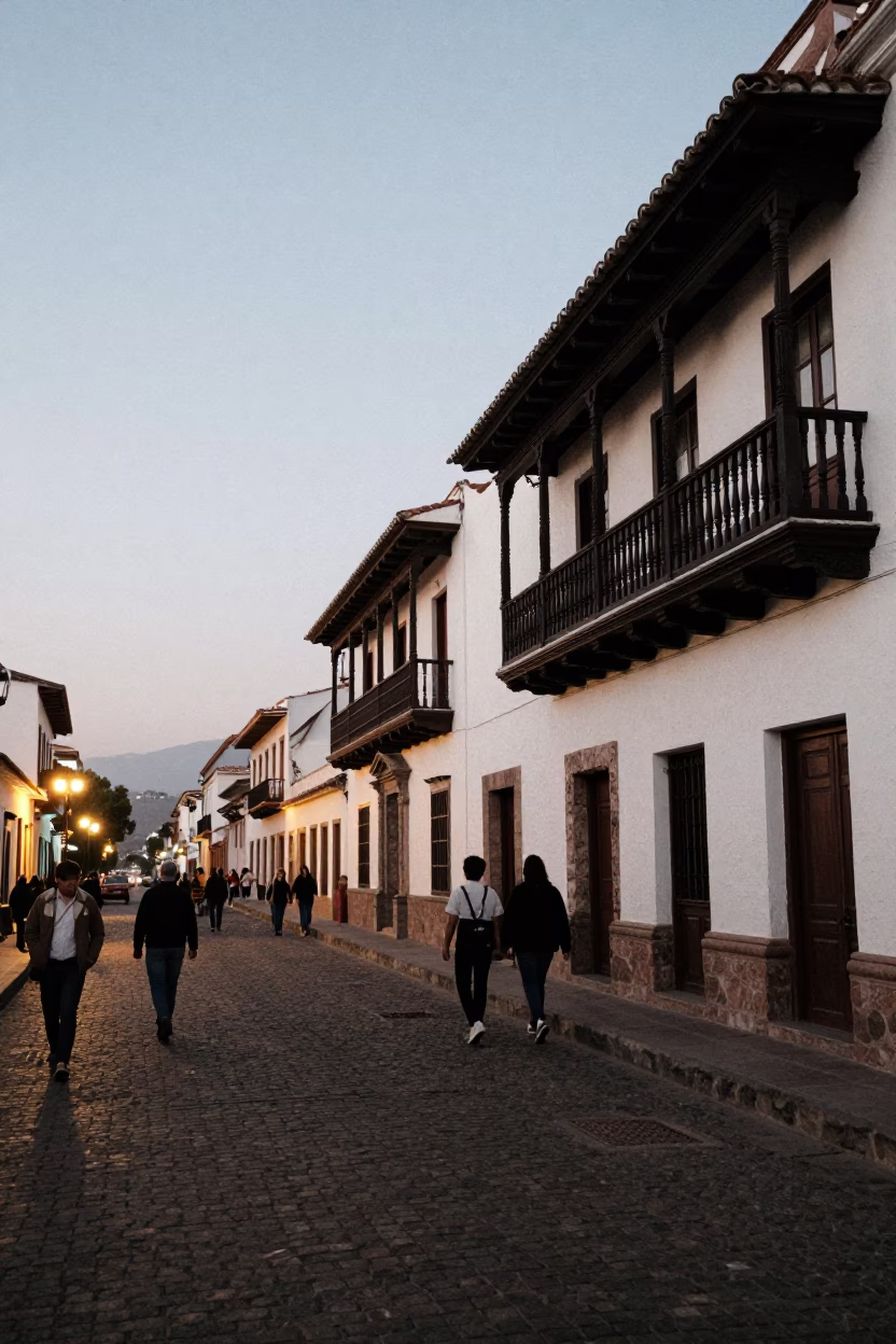 Street Scene in Quito at As City Lights Begin To Glow in in Quito, Ecuador