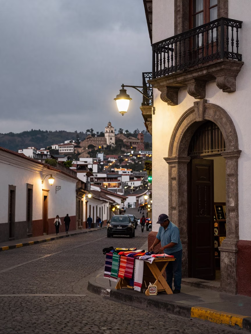 Street Scene in Quito at As City Lights Begin To Glow in in Quito, Ecuador
