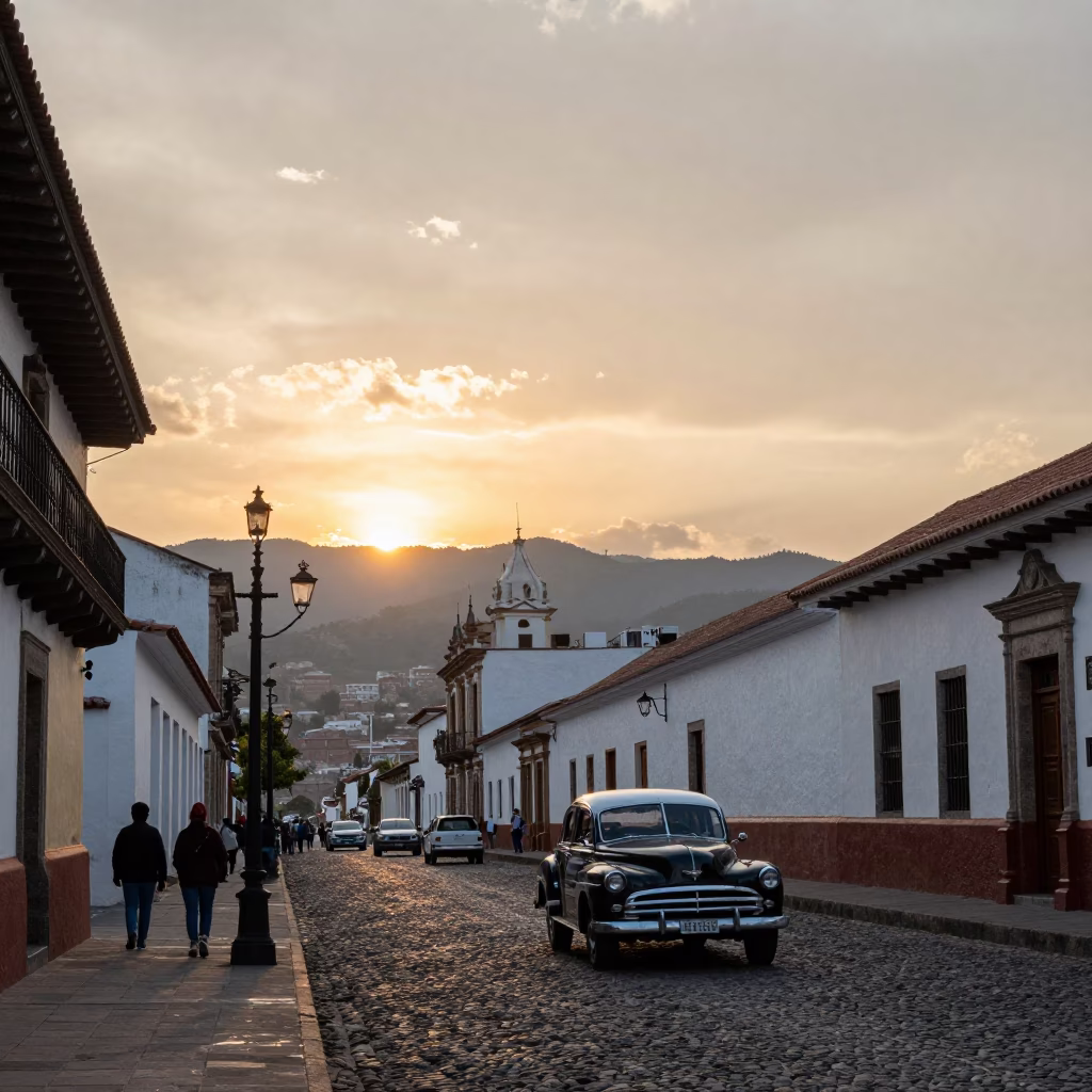Street Scene in Quito at As The Sun Drops Toward The Horizon in in Quito, Ecuador