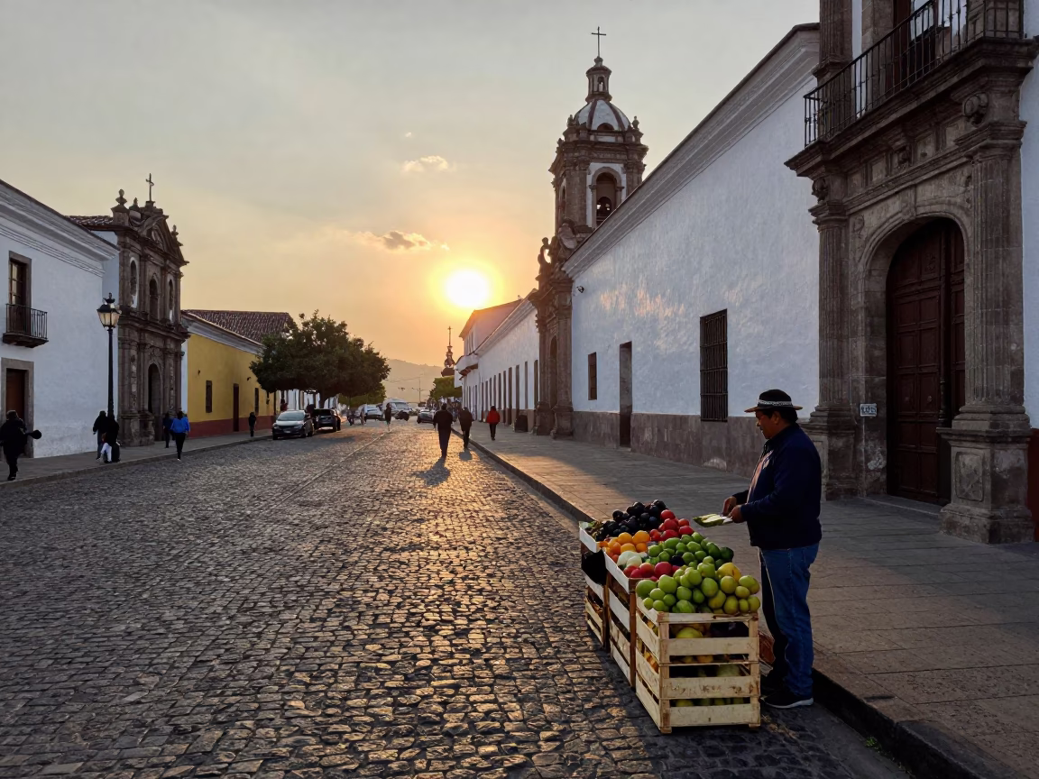 Street Scene in Quito at As The Sun Drops Toward The Horizon in in Quito, Ecuador