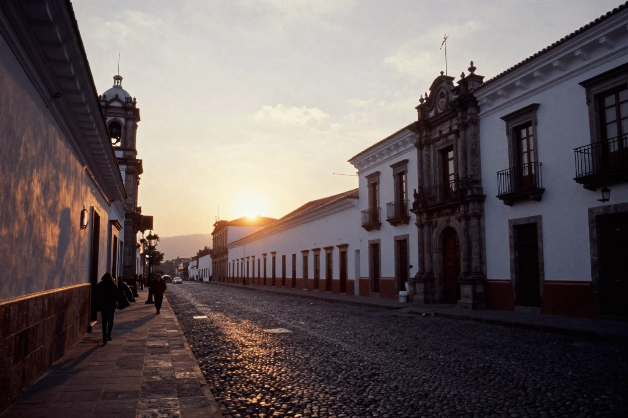 Street Scene in Quito at As The Sun Drops Toward The Horizon in in Quito, Ecuador