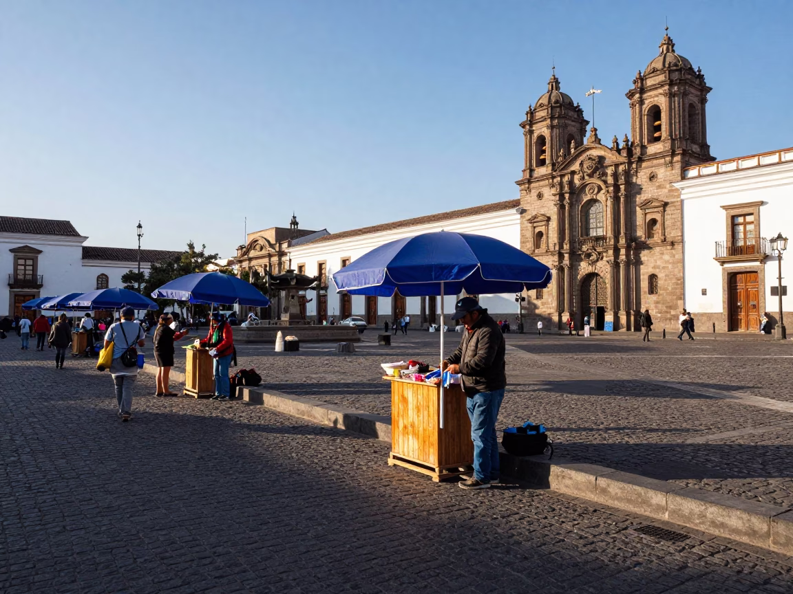 Street Scene in Quito at Clear Late-afternoon Light in in Quito, Ecuador