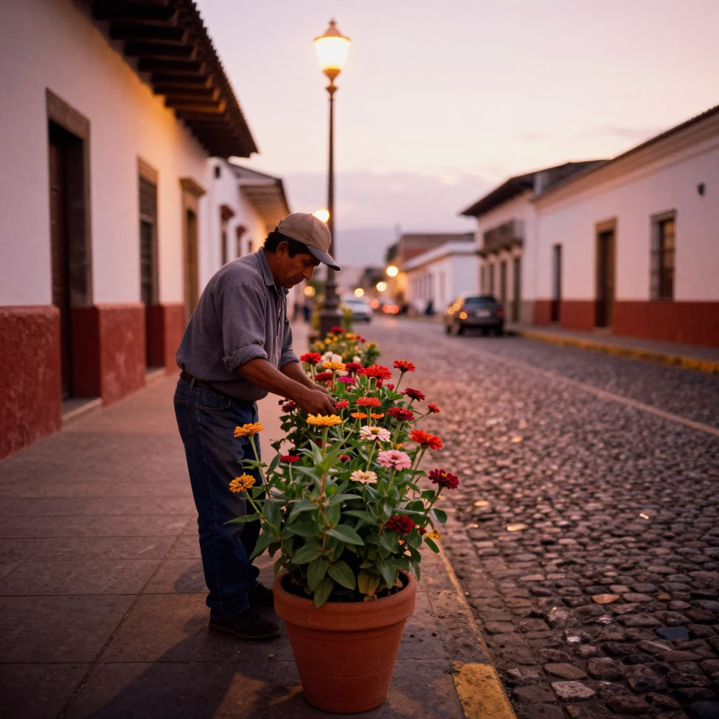 Street Scene in Quito at Copper-toned Light Before Dusk in in Quito, Ecuador