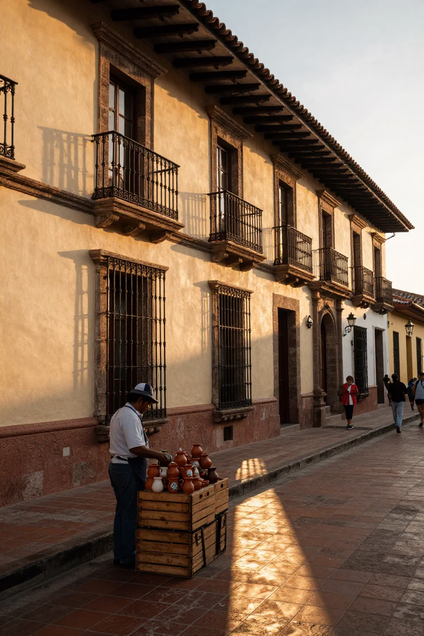 Street Scene in Quito at Honeyed Evening Light in in Quito, Ecuador
