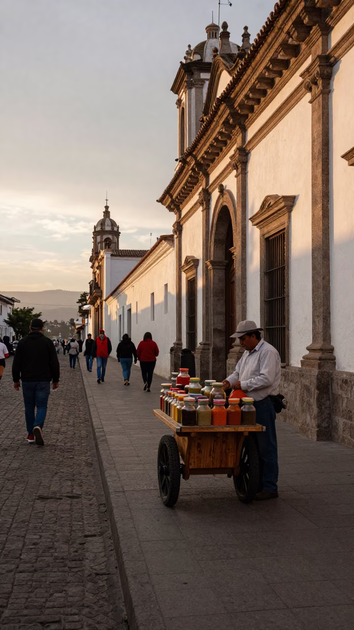 Street Scene in Quito at Honeyed Evening Light in in Quito, Ecuador