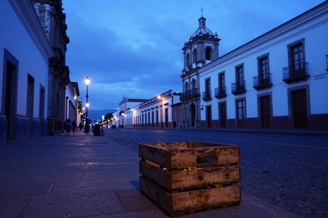 Street Scene in Quito at Indigo Twilight After Sunset in in Quito, Ecuador