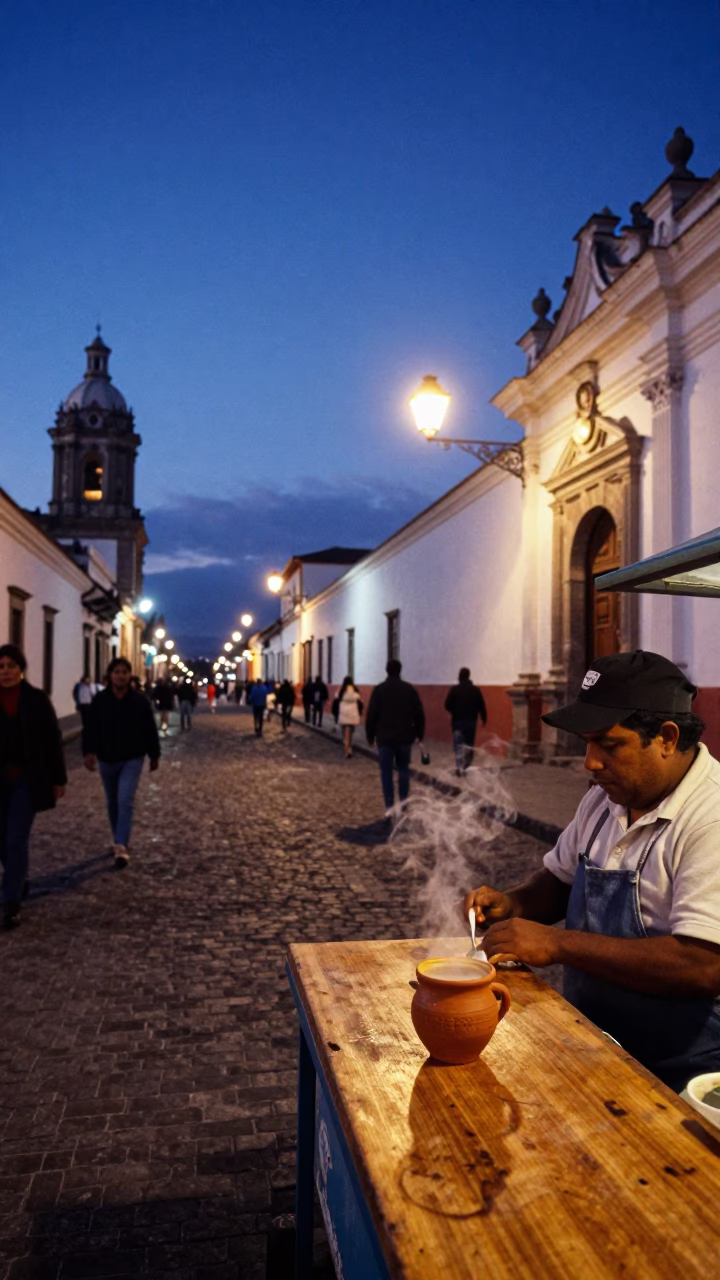 Street Scene in Quito at Indigo Twilight After Sunset in in Quito, Ecuador