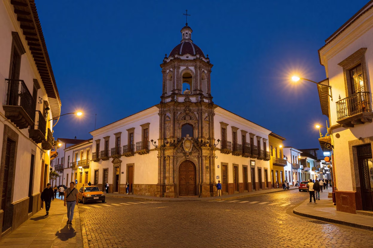 Street Scene in Quito at Midnight Light in in Quito, Ecuador