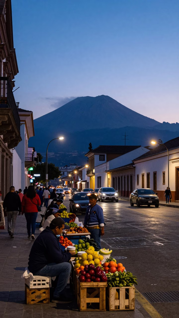 Street Scene in Quito at Nautical Dawn Light in in Quito, Ecuador