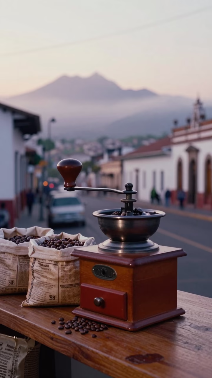Street Scene in Quito at Nautical Dawn Light in in Quito, Ecuador