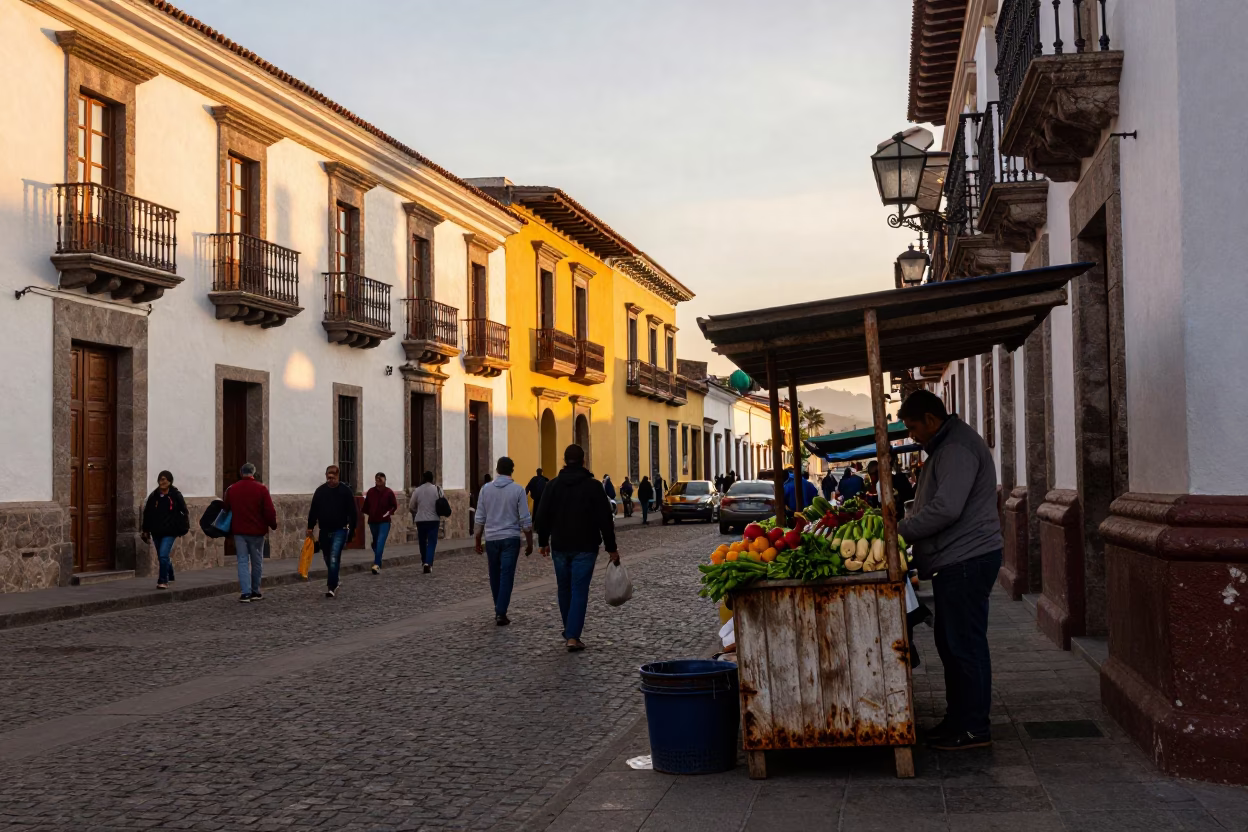 Street Scene in Quito at Sunset Light in in Quito, Ecuador