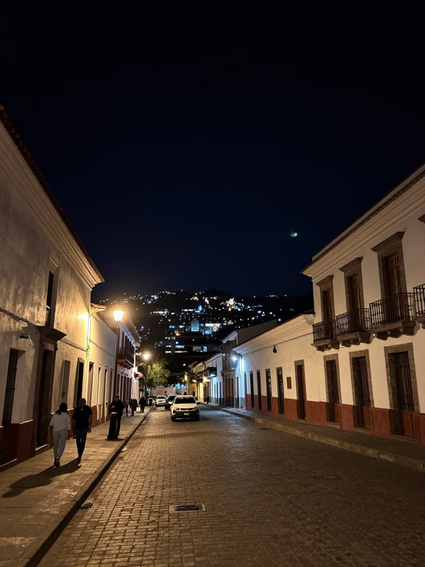 Street Scene in Quito at The Deepest Night Sky Light in in Quito, Ecuador