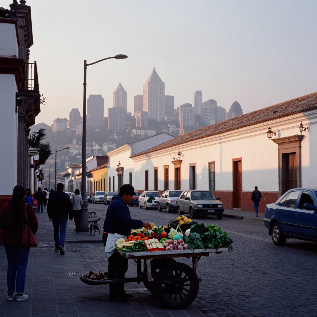 Street Scene in Quito at The Early Morning Light in in Quito, Ecuador