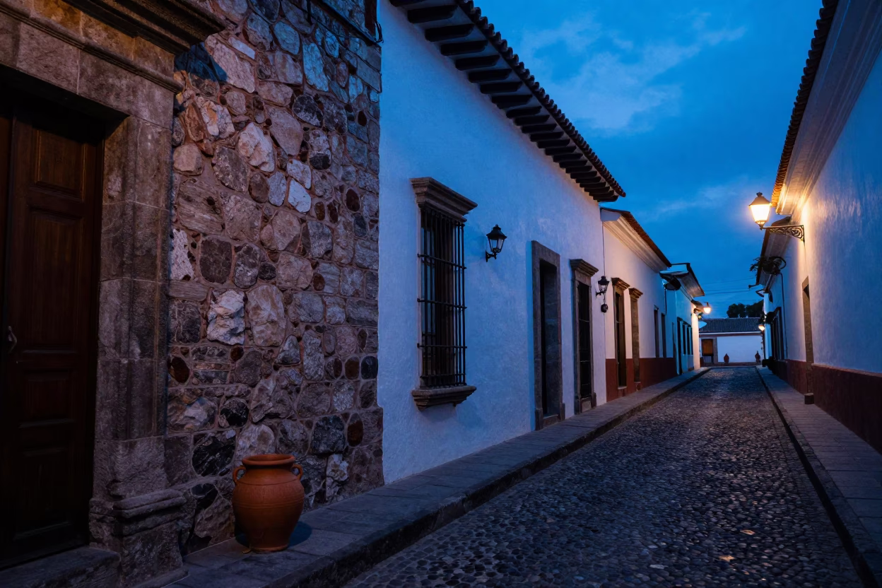 Street Scene in Quito at The Last Blue Light Of Evening in in Quito, Ecuador