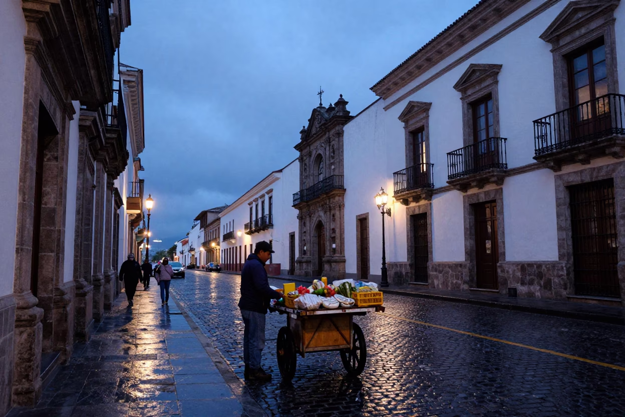 Street Scene in Quito at The Still Hours Before Dawn Light in in Quito, Ecuador