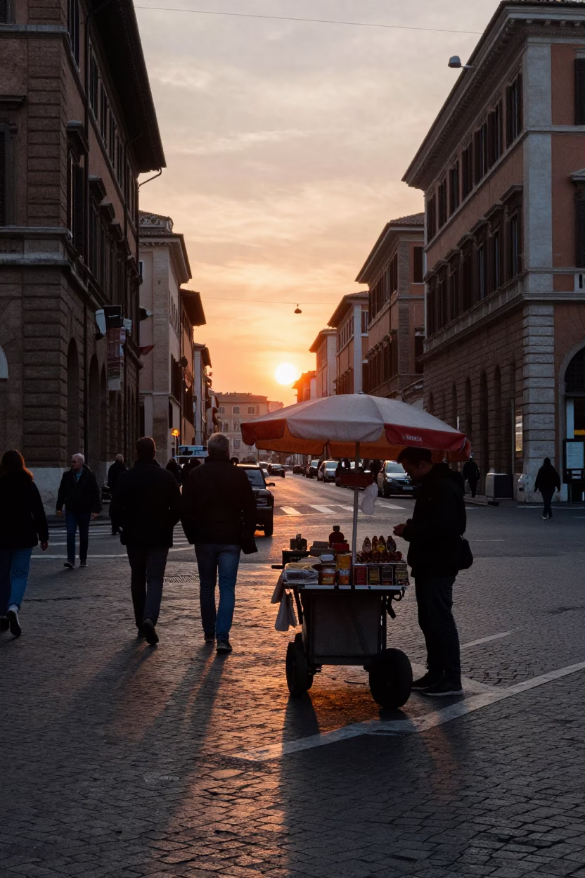 Street Scene in Rome at As The Sun Drops Toward The Horizon in in Rome, Italy