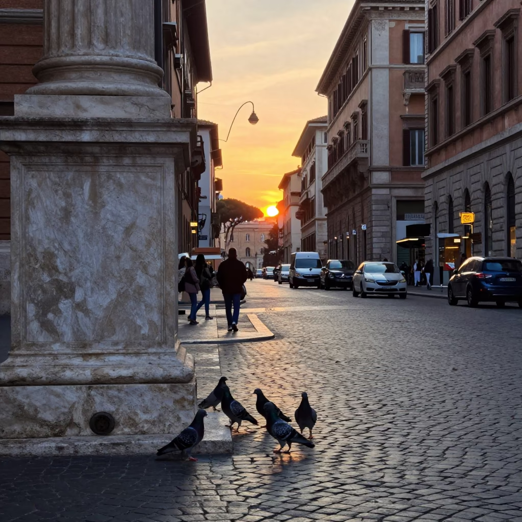 Street Scene in Rome at As The Sun Drops Toward The Horizon in in Rome, Italy