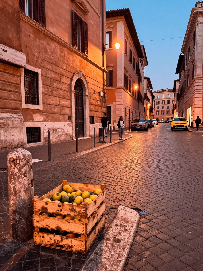 Street Scene in Rome at Copper-toned Light Before Dusk in in Rome, Italy