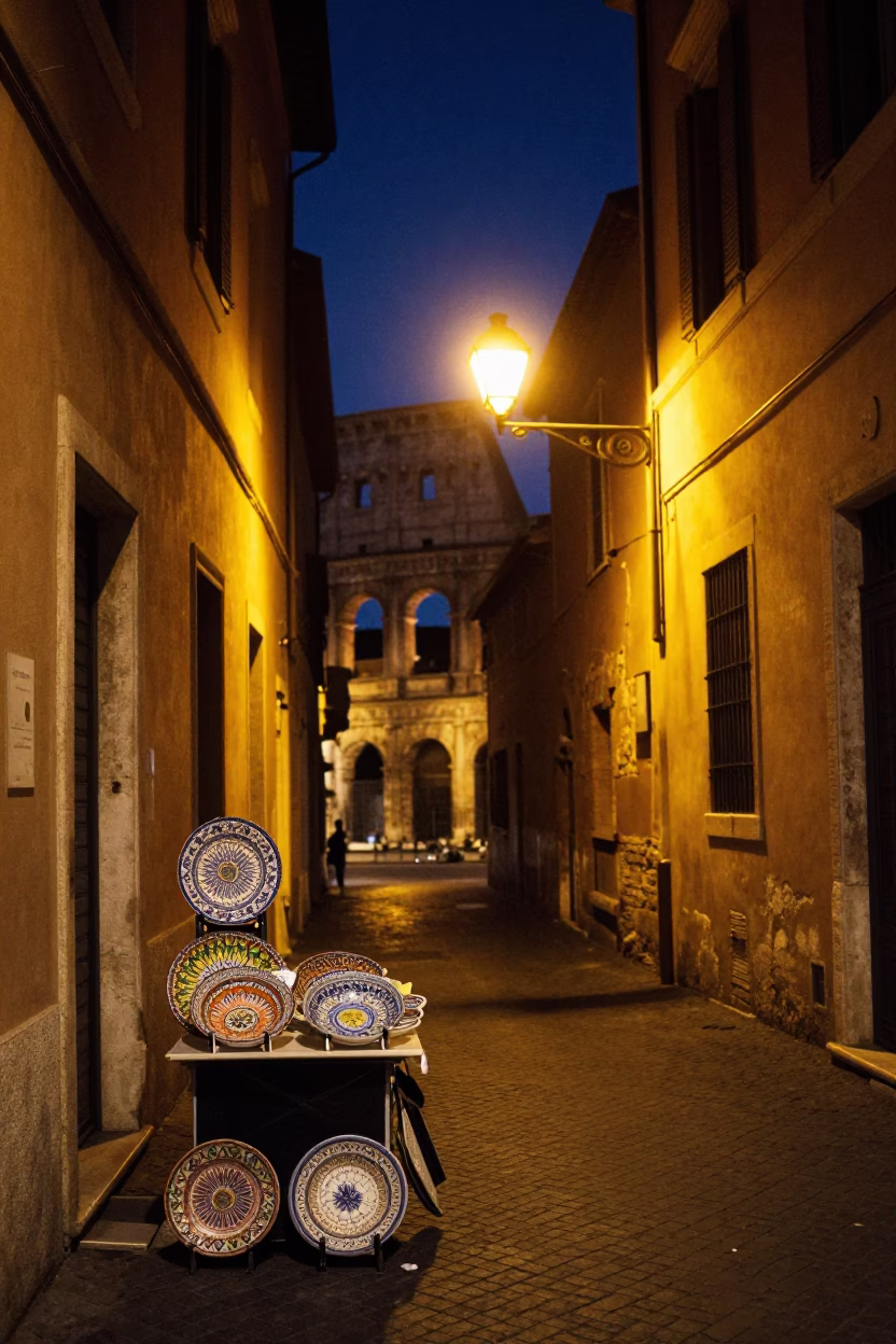 Street Scene in Rome at The Deepest Night Sky Light in in Rome, Italy